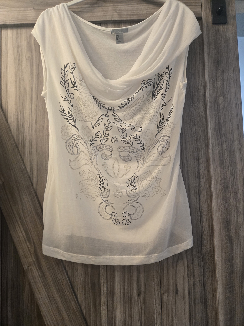 H&M White Draped Neck Floral Embroidered Blouse